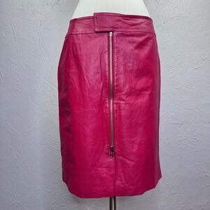 Vintage 90's Red Leather Knee length skirt size 10 funky retro style 30" waist